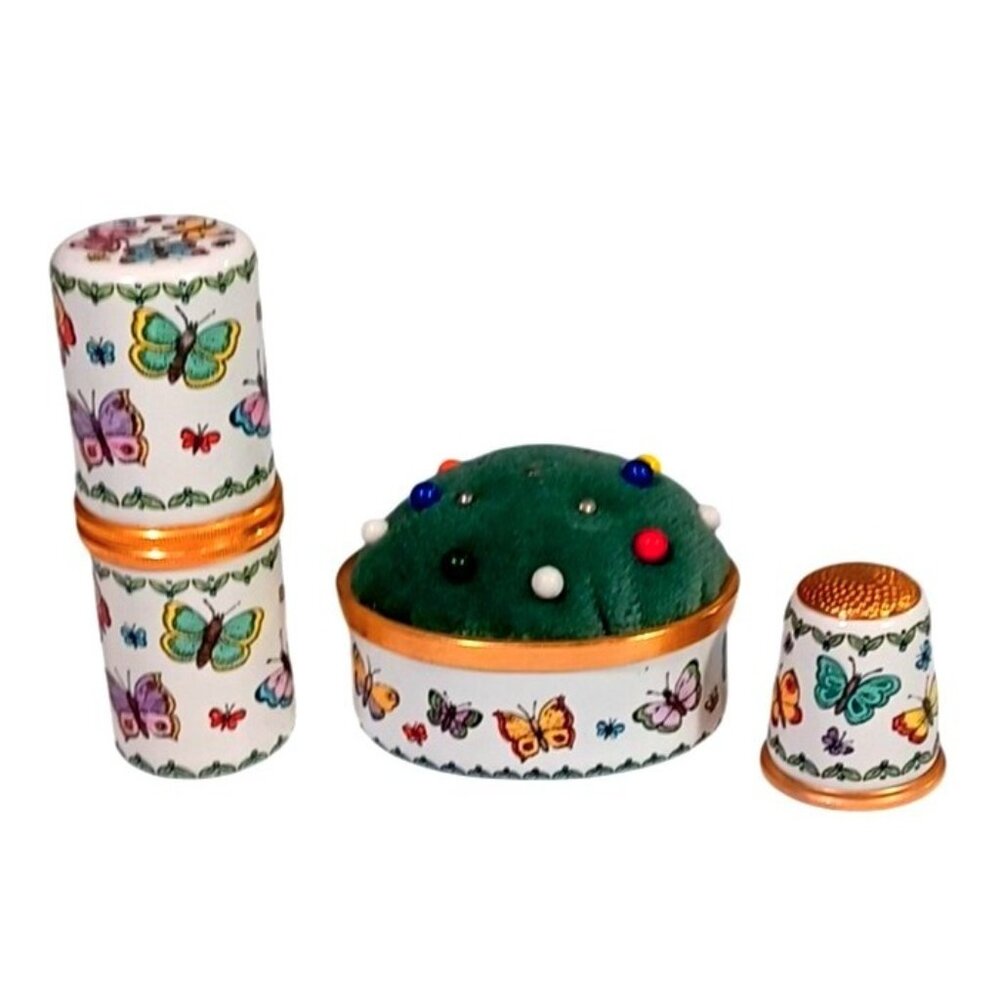 Halcyon Days Enamel 3 Pc Butterflies Sewing Needle Case Thimble Pin Cushion Set
